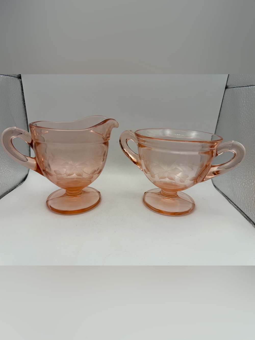 Pink Depression Glass Creamer and Sugar Set